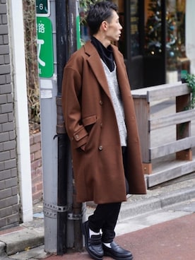 「CASPER JOHN（キャスパージョン）のアイテム（チェスターコート）」を使った、YOSHIさん（メンズ・171cm）の冬コーディネート
