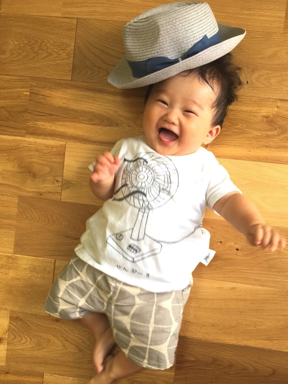 「０歳、6ヶ月、男の子、夏コーデ、甚平、シンプルコーデ、赤ちゃん、Tシャツ、0歳6ヶ月、ベビーコーデ」｜「Handmadeのアイテム（パンツ、グレー系）」を使った、runo_runoさん（キッズ・60cm）の夏コーディネートの1枚目の写真
