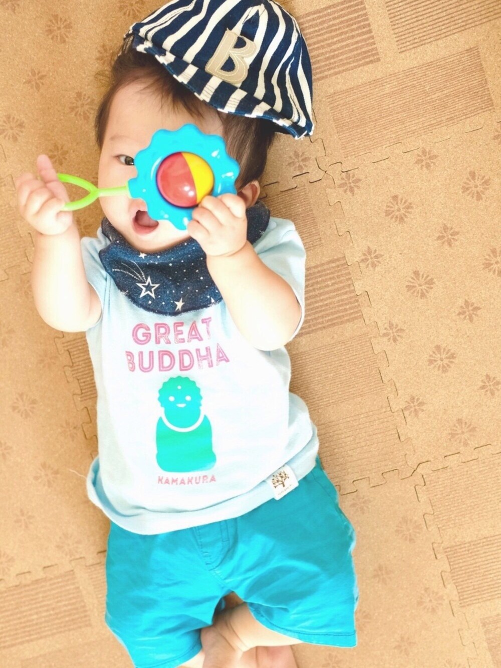 「ブッダ、大仏、０歳、6ヶ月、0歳6ヶ月、赤ちゃん、男の子、シンプルコーデ、Tシャツ、キャップ」｜「PEPE&KEIKIのアイテム（Tシャツ/カットソー、ブルー系）」を使った、runo_runoさん（キッズ・60cm）の夏コーディネートの1枚目の写真