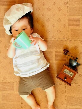 「URBAN RESEARCH（アーバンリサーチ）のアイテム（ハンチング/ベレー帽）」を使った、runo_runoさん（キッズ・70cm）の夏コーディネート