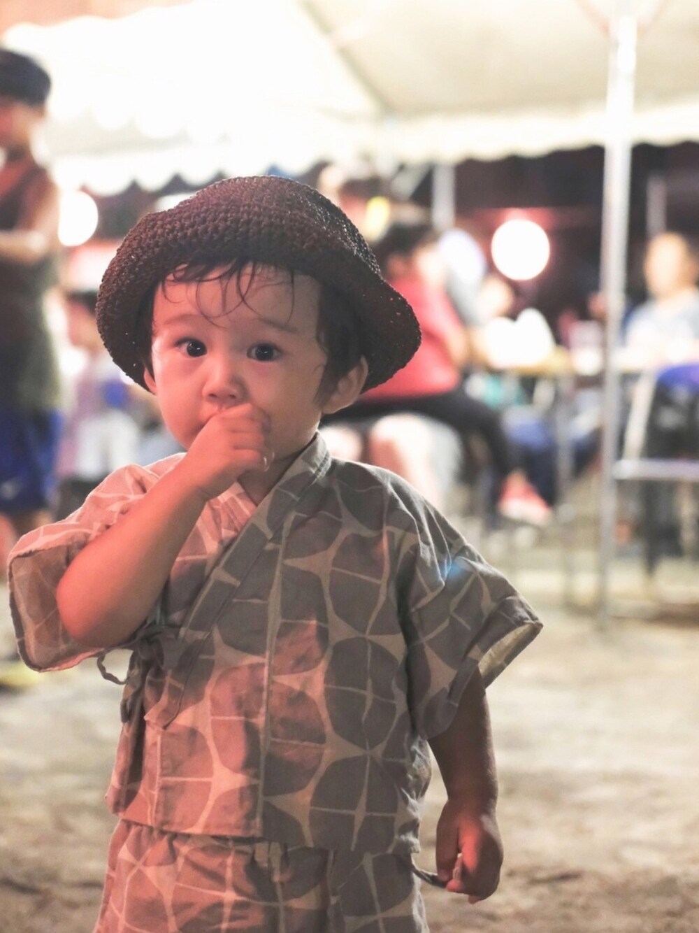 「夏祭り、甚平、handmade、夏コーデ、むぎわら帽子、汗だく、おとこのこ、1歳、ライトセーバー」｜「りきママmade☆のアイテム（帽子、ブラウン系）」を使った、runo_runoさん（キッズ・70cm）の夏コーディネートの1枚目の写真