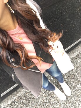 「Ungrid（アングリッド）のインディゴフレイドヘムストスリ（デニムパンツ）」を使った、c.cさん（レディース・153cm）の秋コーディネート