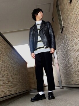 「タッセルローファー」｜「アイテム（ライダースジャケット）」を使った、ka2kiさん（メンズ・168cm）の冬コーディネート