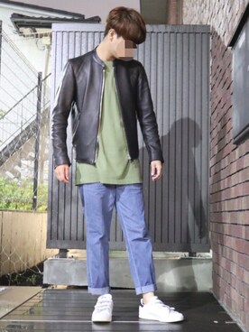 「肌ウーノ」｜「アイテム（ライダースジャケット）」を使った、ka2kiさん（メンズ・168cm）の春コーディネート