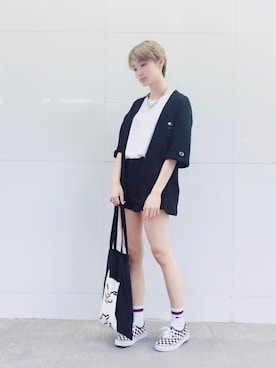 「Champion（チャンピオン）のアイテム（ノーカラージャケット）」を使った、玉儿佐佐さん（レディース・159cm）の夏コーディネート