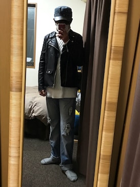 「SPINNS（スピンズ）のアイテム（ライダースジャケット）」を使った、光輝さん（メンズ・173cm）の冬コーディネート