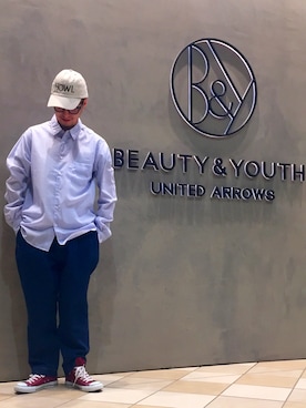 「BEAUTY&YOUTH UNITED ARROWS（ビューティーアンドユースユナイテッドアローズ）のBY スノーコットン レギュラー シャツ（シャツ/ブラウス、ブルー系）」を使った、Shougo Nakamuraさん（メンズ・167cm）の春コーディネート