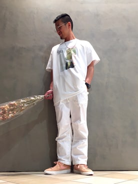 「FLAGSTUFF（フラグスタフ）の【別注】＜FLAGSTUFF＞ CUBADIALYt/Tシャツ（Tシャツ/カットソー、ホワイト系）」を使った、Shougo Nakamuraさん（メンズ・167cm）の春コーディネート