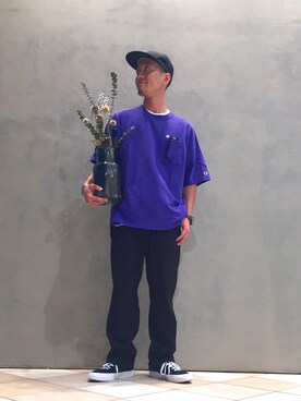 「Champion（チャンピオン）の【別注】 ＜CHAMPION(チャンピオン）＞ REVERSE WEAVE TEE/Tシャツ（Tシャツ/カットソー、パープル系）」を使った、Shougo Nakamuraさん（メンズ・167cm）の夏コーディネート