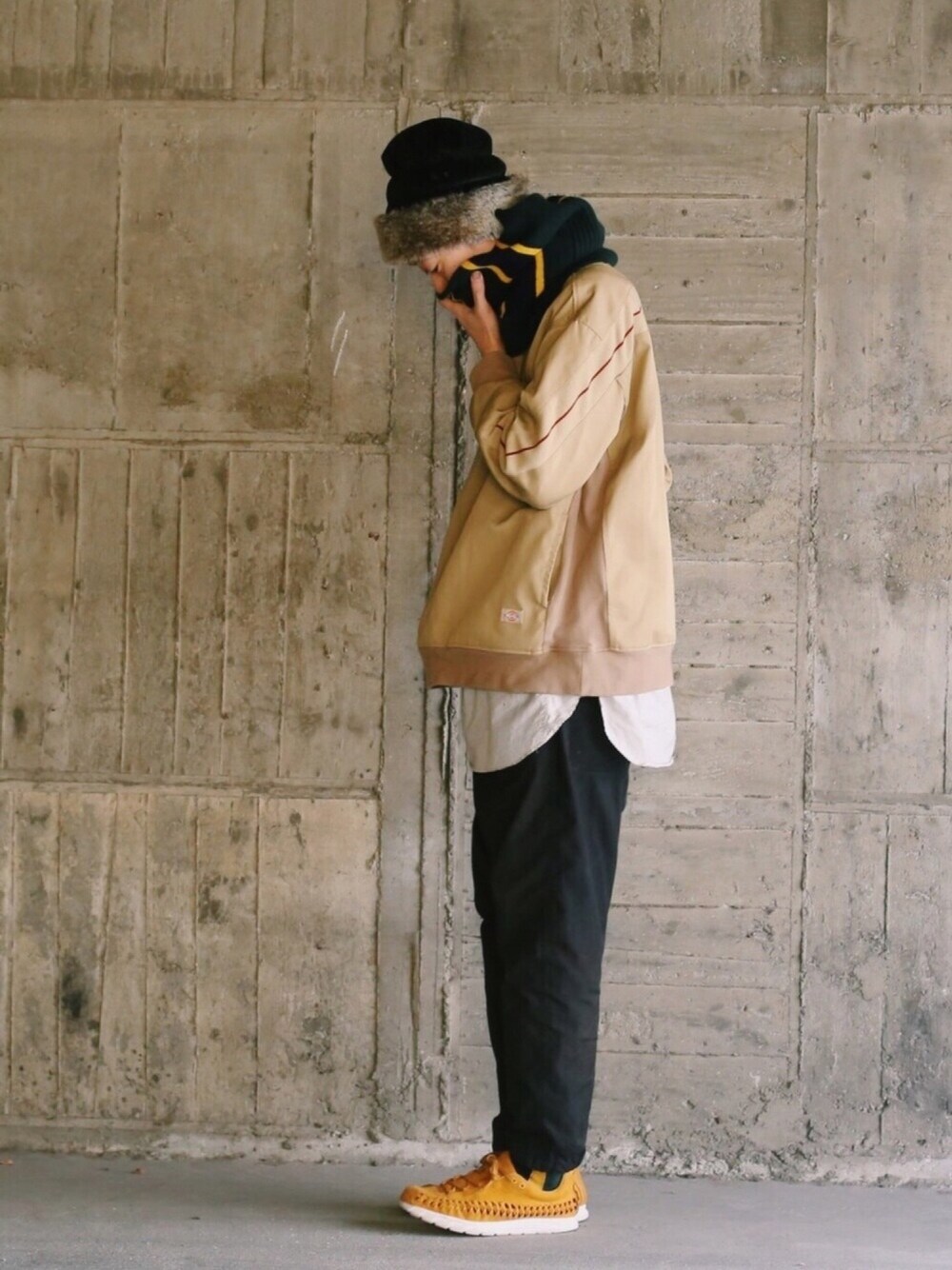 「シンプル、ootd、ストリート、カジュアルコーデ、FACETASM、sacai、ganryu、NIKE」｜「NIKEのNIKE MAYFLY WOVEN（スニーカー、ブラウン系）」を使った、takuyaishiharaさん（メンズ・178cm）の冬コーディネートの1枚目の写真