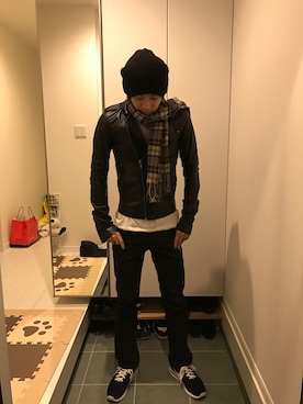 「Rick Owens（リックオウエンス）のアイテム（ライダースジャケット）」を使った、Kento Sakaguchiさん（メンズ・180cm）の冬コーディネート