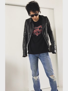 「Rick Owens（リックオウエンス）のアイテム（ライダースジャケット）」を使った、Kento Sakaguchiさん（メンズ・180cm）の春コーディネート