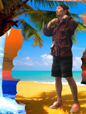 「アイテム（ミリタリージャケット、レッド系）」を使った、4・ラーさん（メンズ・167cm）の春コーディネート