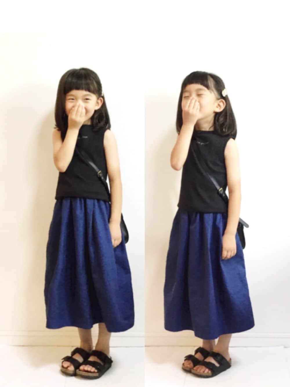 「kids、キッズファッション、夏、スカート、ブルー、シンプルコーデ、サンダル」｜「green label relaxingのタックギャザー スカート（スカート、ブルー系）」を使った、kannn さん（キッズ・110cm）の夏コーディネートの1枚目の写真