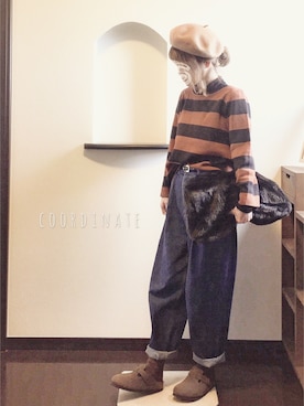 「ゆるカジ」｜「アイテム（ハンチング/ベレー帽）」を使った、sHimA*kOさん（レディース・153cm）の冬コーディネート