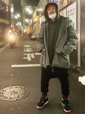 「RICK OWENS」｜「アイテム（ミリタリージャケット）」を使った、A-MASTERさん（メンズ・171cm）の冬コーディネート