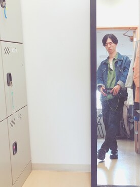 「LIDNM（リドム）のリングジップハーフスリーブシャツ【ライトカーキ】（シャツ/ブラウス、グリーン系）」を使った、よんたさん（メンズ・168cm）の秋コーディネート