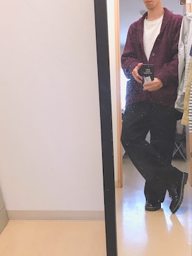 「GU（ジーユー）のアイテム（カーディガン/ボレロ、パープル系）」を使った、よんたさん（メンズ・168cm）の秋コーディネート