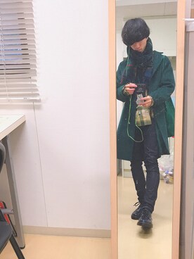 「GU（ジーユー）のアイテム（その他アウター、グリーン系）」を使った、よんたさん（メンズ・168cm）の冬コーディネート