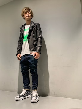「ISAMU KATAYAMA BACKLASH（イサムカタヤマバックラッシュ）のアイテム（ライダースジャケット）」を使った、Takuto Itouさん（メンズ・170cm）の冬コーディネート