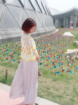 「w closet（ダブルクローゼット）のアイテム（Tシャツ/カットソー、イエロー系）」を使った、珍珠奶茶🍹さん（レディース・161cm）の夏コーディネート