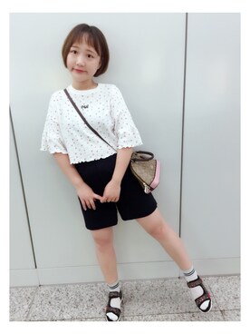 「jouetie（ジュエティ）のフレアスリーブサーマルプルオーバー（Tシャツ/カットソー、ホワイト系）」を使った、珍珠奶茶🍹さん（レディース・161cm）の夏コーディネート