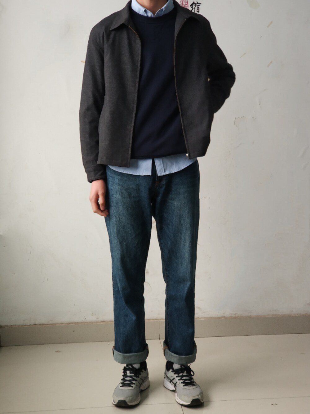 「GUのアイテム（ジャケット/アウター、ブラック系）」を使った、dsp_zhanghaoさん（メンズ・181cm）の冬コーディネートの1枚目の写真