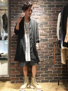「ISAMU KATAYAMA BACKLASH（イサムカタヤマバックラッシュ）のアイテム（ステンカラーコート）」を使った、そーふぃさん（メンズ・170cm）の春コーディネート