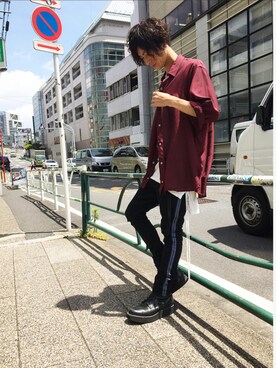 「KMRii（ケムリ）のアイテム（Tシャツ/カットソー）」を使った、そーふぃさん（メンズ・170cm）の夏コーディネート