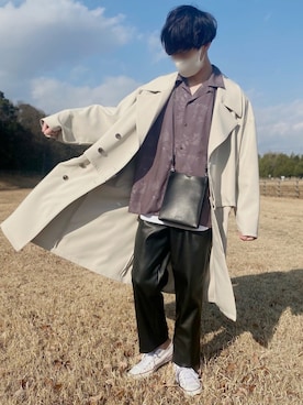 「柄シャツ」｜「アイテム（ステンカラーコート）」を使った、iciさん（メンズ・172cm）の春コーディネート