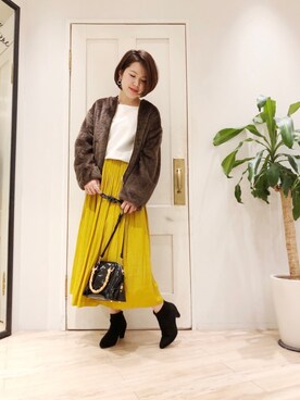 「マスタード」｜「アイテム（ブーティ）」を使った、sa-kiiさん（レディース・159cm）の秋コーディネート