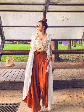 「アイテム（チノパンツ、オレンジ系）」を使った、MIN HU’sさん（レディース・162cm）の秋コーディネート