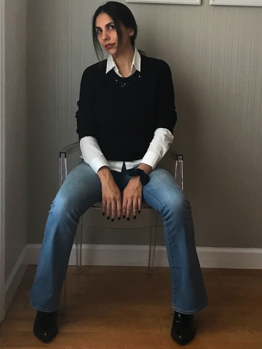 「ootd、casual、streetstyle、springstlye、B&W、flare、denim、black and white、ankleboot、trend」｜「ZARAのアイテム（ブーティ、ブラック系）」を使った、tipsforshopさん（レディース・170cm）の春コーディネートの1枚目の写真