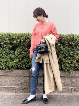 「coen（コーエン）のアイテム（ステンカラーコート）」を使った、和泉さん（レディース・157cm）の冬コーディネート
