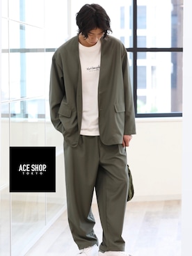 「アイテム（ノーカラージャケット、グリーン系）」を使った、aceshop_snapさん（メンズ・181cm）の秋コーディネート