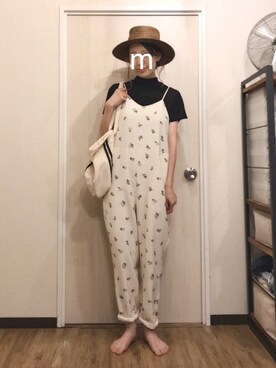 「ツバ広ハット」｜「アイテム（サロペット/オーバーオール）」を使った、ma-chiさん（レディース・162cm）の夏コーディネート