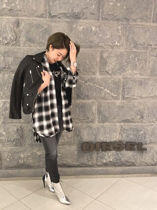 美品 ディーゼル シングルライダース XL パンチングレザー シープスキン 黒 DIESEL（ディーゼル）の「メンズ シープスキン シングルレザー