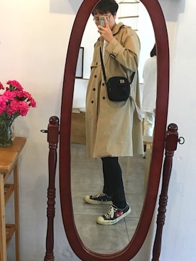 「no brand（ノーブランド）のアイテム（トレンチコート）」を使った、진일상さん（メンズ・175cm）の春コーディネート