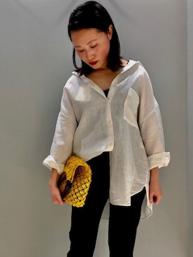 「Rouge vif（ルージュヴィフ）のリネンビッグシャツ（シャツ/ブラウス、ホワイト系）」を使った、s.syoさん（レディース・158cm）の春コーディネート