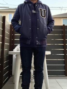 「uniform experiment」｜「アイテム（スタジャン）」を使った、ひろぴーさん（メンズ・175cm）の冬コーディネート