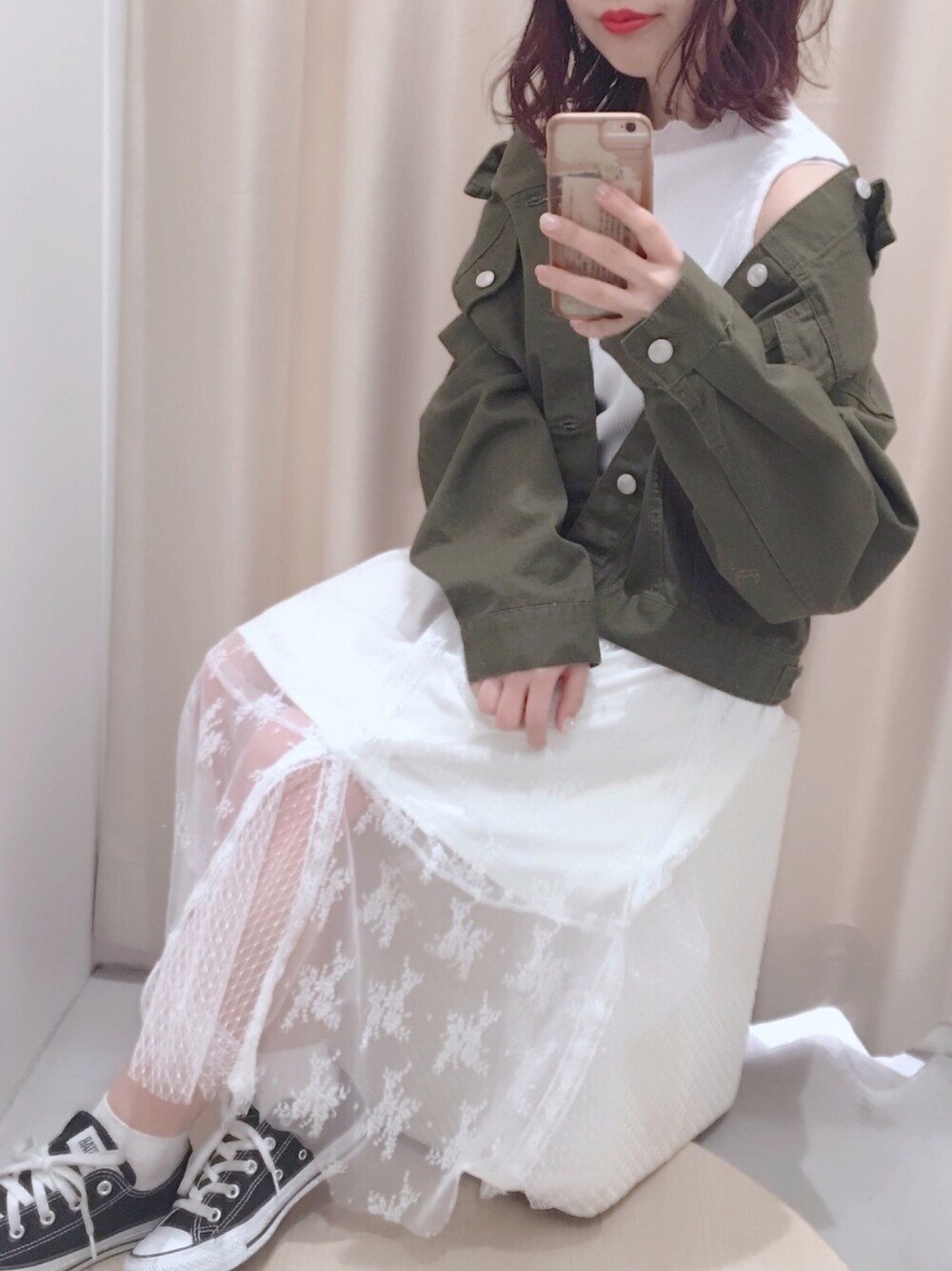 「カジュアルコーデ、大人カジュアル、ootd、レース、ナイスクラップ、低身長」｜「one after another NICE CLAUPのうしろリボンGジャン（デニムジャケット、グリーン系）」を使った、aiminnさん（レディース・146cm）の冬コーディネートの1枚目の写真