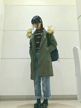 「リブニット」｜「アイテム（モッズコート）」を使った、shi-さん（レディース・158cm）の冬コーディネート