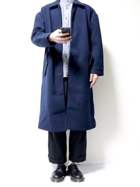 「ノーカラーシャツ」｜「アイテム（ステンカラーコート）」を使った、tatsuさん（メンズ・175cm）の冬コーディネート