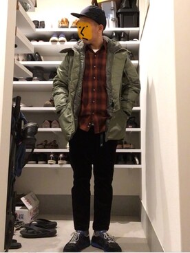 「Pilgrim Surf Supply（ピルグリムサーフサプライ）のアイテム（帽子）」を使った、ボルさん（メンズ・172cm）の冬コーディネート