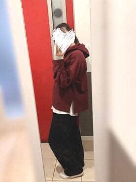 「UNIQLO（ユニクロ）のスウェットプルパーカ（長袖）（パーカー、レッド系）」を使った、揺さん（レディース・161cm）の冬コーディネート