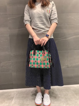 「UNIQLO（ユニクロ）のフロントボタンサーキュラースカート（ドット・丈標準76～80cm）（スカート）」を使った、♡まーさん◡̈*⑅♡さん（レディース・155cm）の春コーディネート