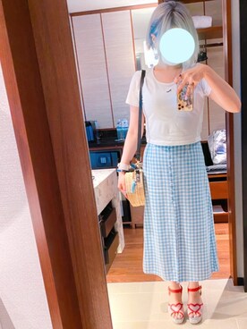「Honey Salon（ハニーサロン）のアイテム（かごバッグ）」を使った、みきさん（レディース・155cm）の夏コーディネート