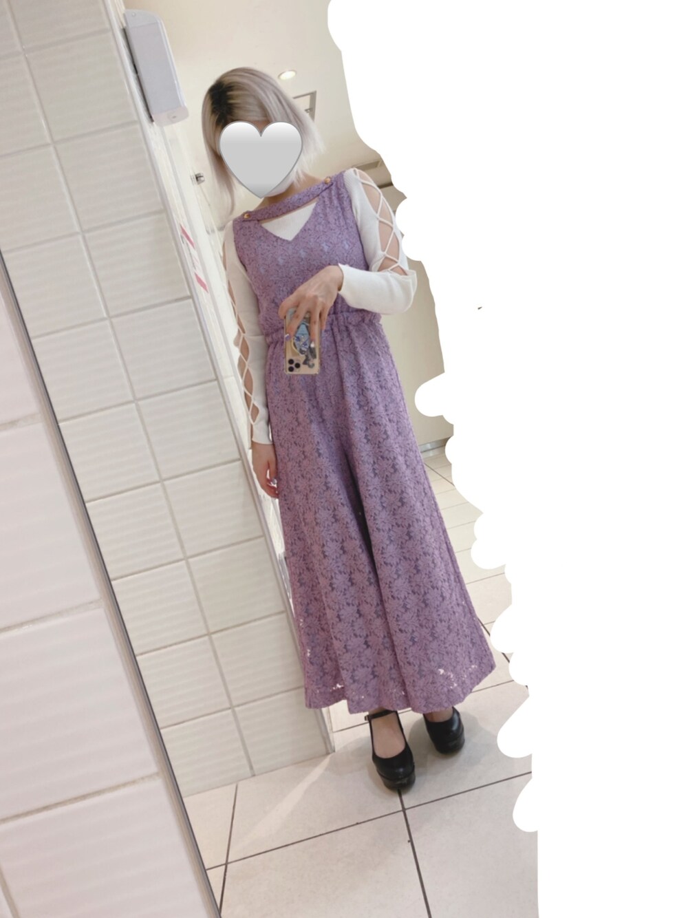「Crayme,のLace Choker All-In-One（つなぎ/オールインワン、パープル系）」を使った、みきさん（レディース・155cm）の秋コーディネートの1枚目の写真