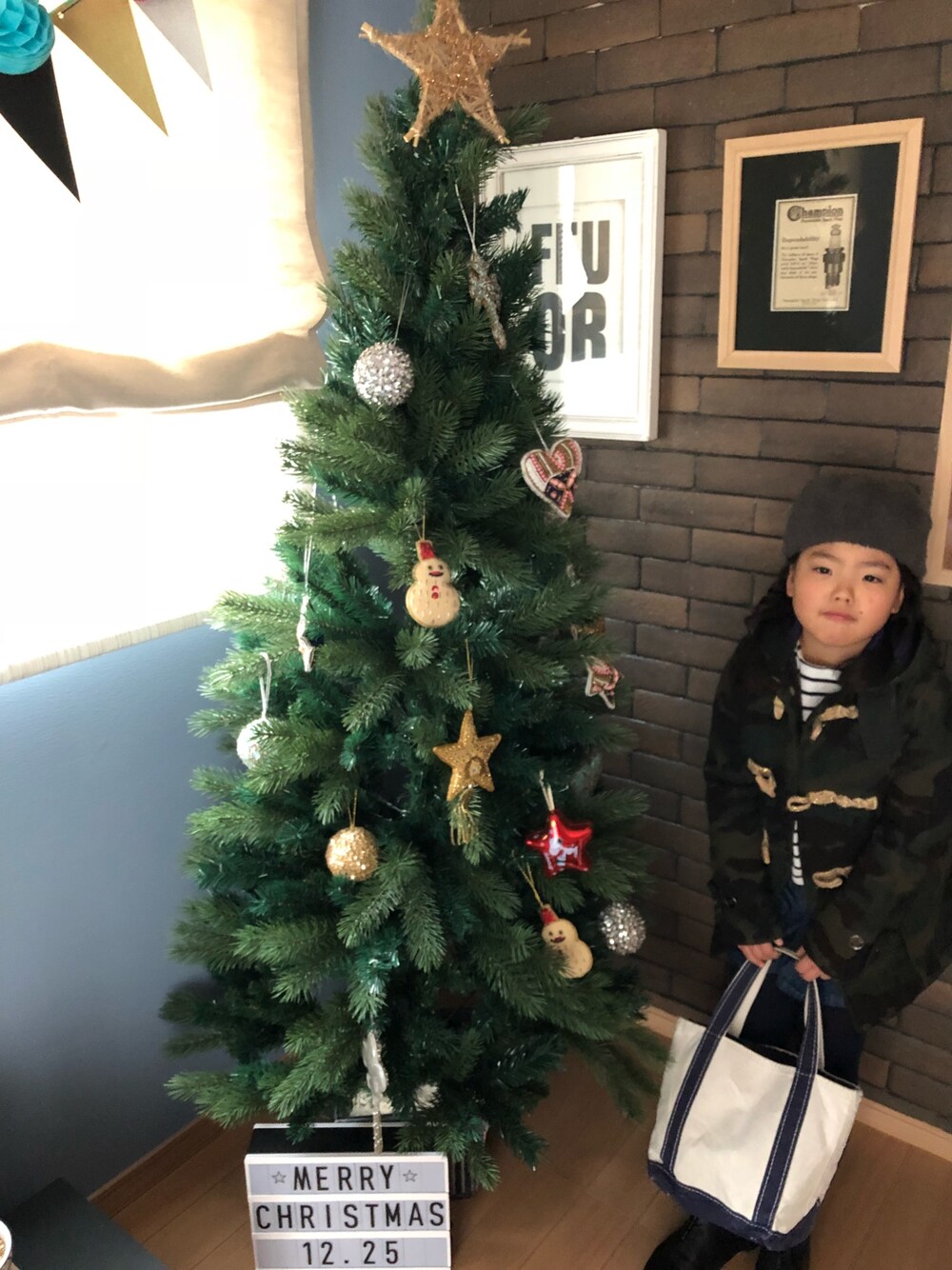 「FITH、ダッフルコート、green label relaxing、ボーダー、L.L Bean、トートバッグ、キッズコーデ、クリスマス」｜「FITHのアイテム（ジャケット/アウター、その他）」を使った、YUNAchocoさん（キッズ・120cm）の冬コーディネートの1枚目の写真