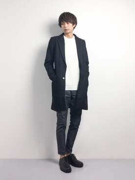 「unrelaxing（アンリラクシング）のアイテム（チェスターコート）」を使った、セキユウスケさん（メンズ・180cm）の冬コーディネート